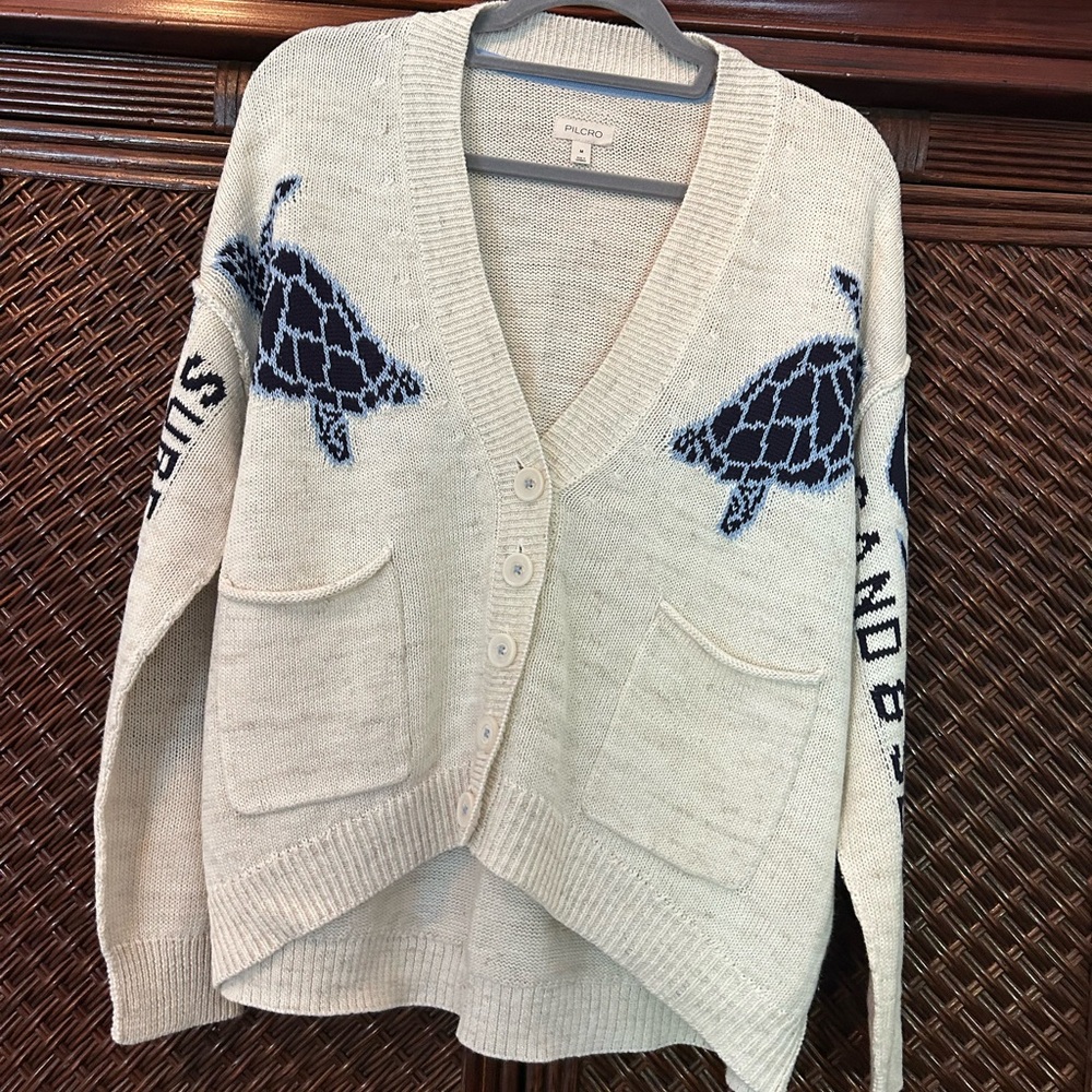 Pilcro Cream and Blue Sea Turtle Cardigan